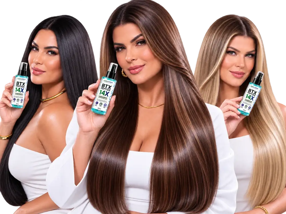 Três modelos com cabelos lisos e brilhantes segurando o BTX Peptide 14X