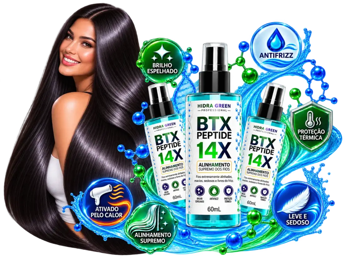 Modelo com cabelo extremamente liso, sedoso e brilhante ao lado do BTX Peptide 14X e seus principais benefícios
