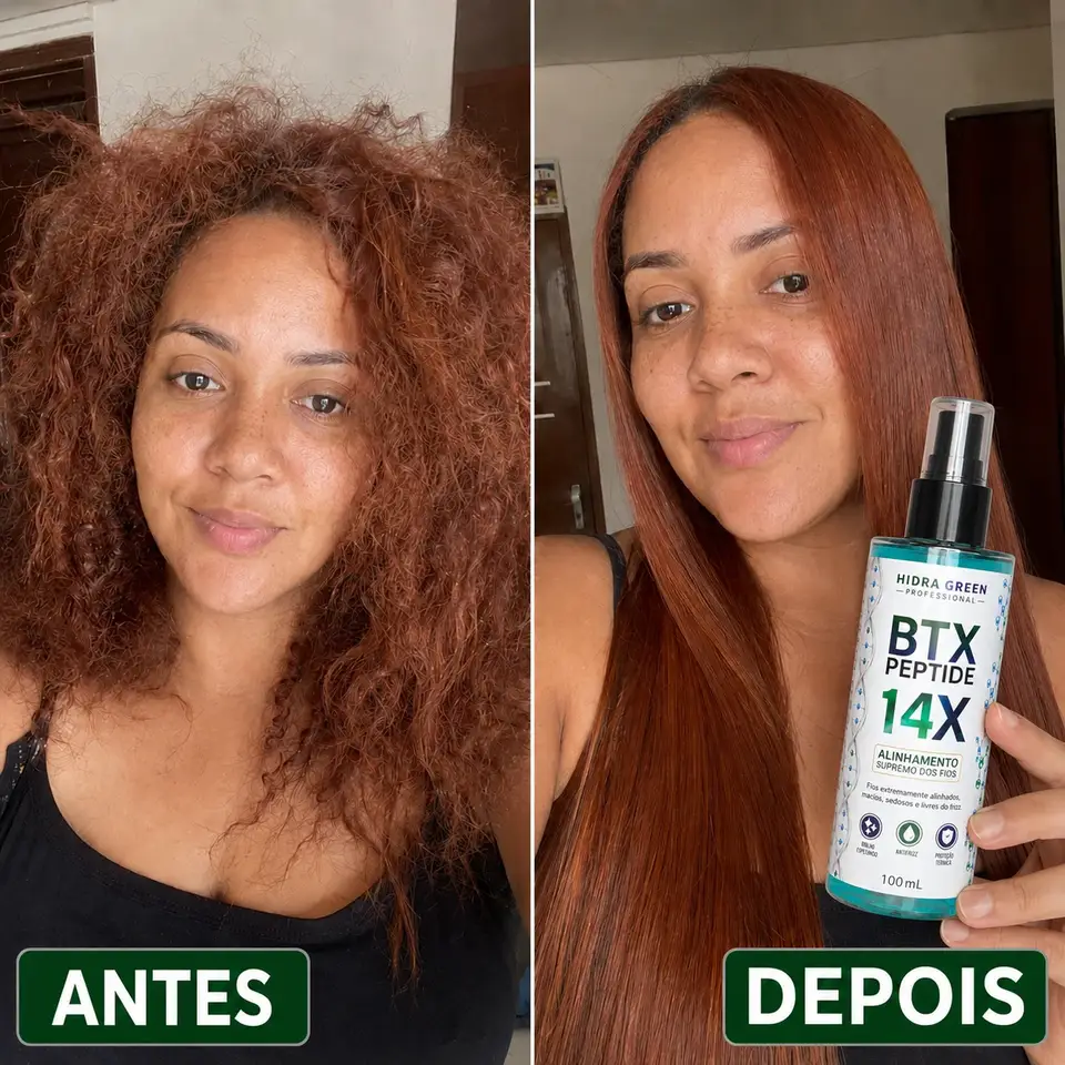 Antes e depois de cliente com cabelo ruivo acobreado: antes extremamente volumoso e com frizz, depois liso e alinhado segurando o BTX Peptide 14X