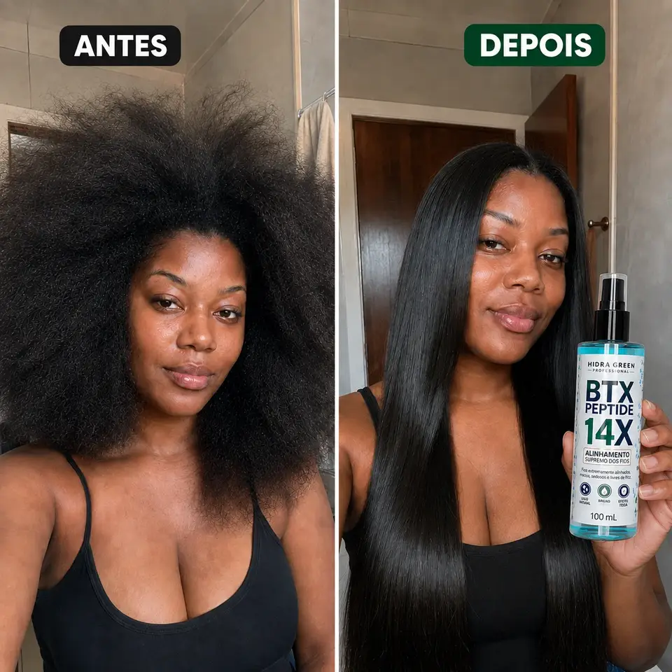 Antes e depois de cliente com cabelo preto: antes extremamente crespo e com muito frizz, depois liso e alinhado segurando o BTX Peptide 14X