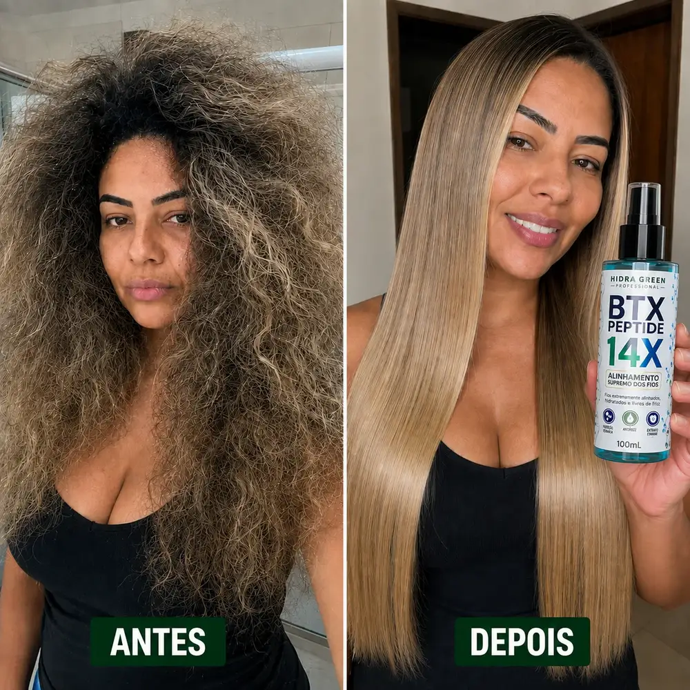 Antes e depois de cliente com cabelo loiro: antes volumoso e poroso, depois extremamente liso e sedoso segurando o BTX Peptide 14X