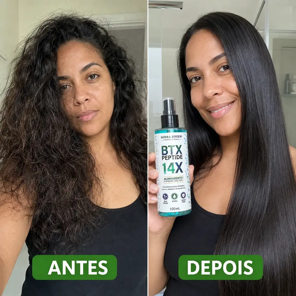 Antes e depois ilustrativo de mulher brasileira com cabelo castanho escuro volumoso e depois longo, liso e brilhante segurando BTX Peptide 14X