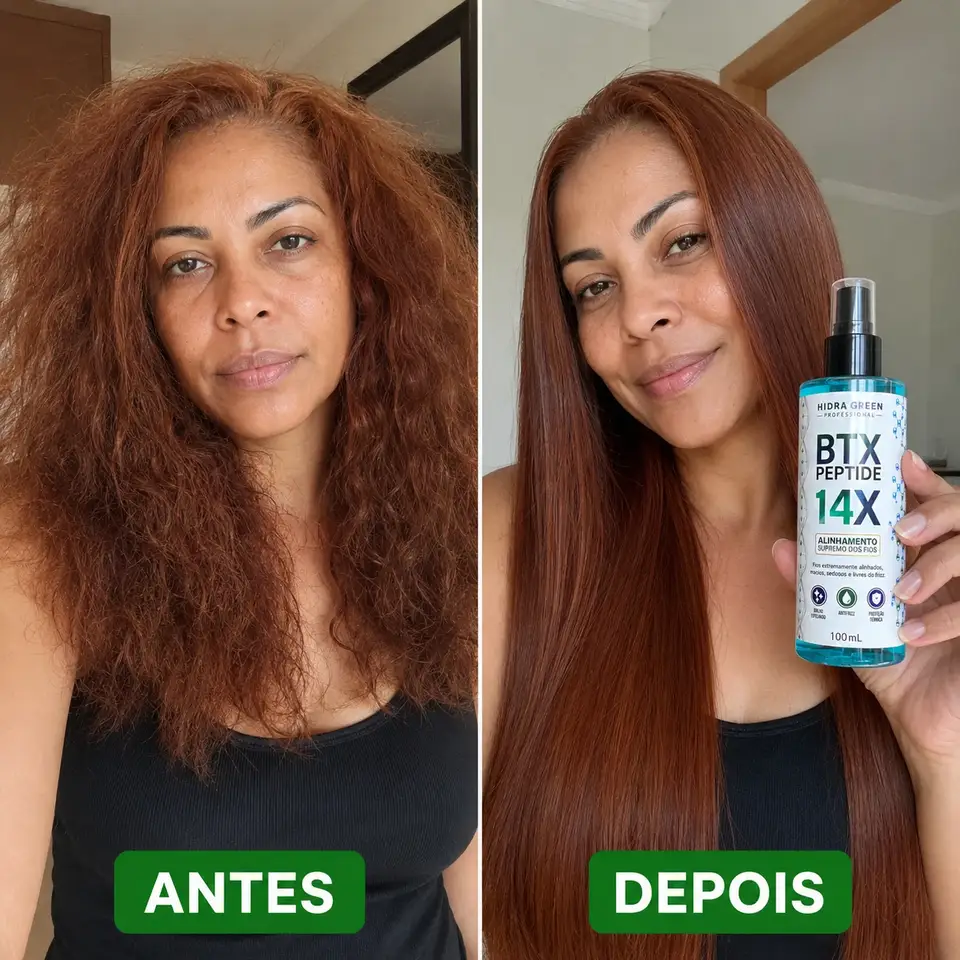 Antes e depois ilustrativo de mulher brasileira ruiva com cabelo volumoso e depois longo, liso e brilhante segurando BTX Peptide 14X