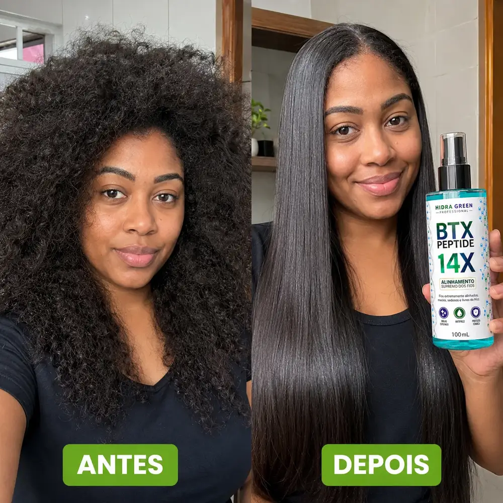 Antes e depois ilustrativo de mulher brasileira negra com cabelo preto crespo e depois longo, liso e brilhante segurando BTX Peptide 14X
