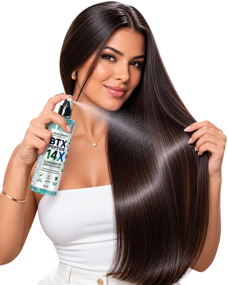 Mulher com cabelo extremamente liso, sedoso e brilhoso aplicando o spray BTX Peptide 14X nos fios